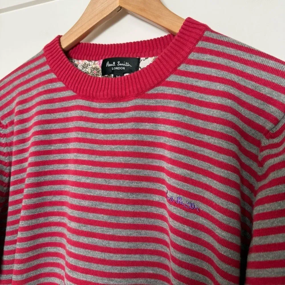 Paul Smith Sweater Mens Sz M Red Gray Striped Crew Neck 100% Cotton Preppy